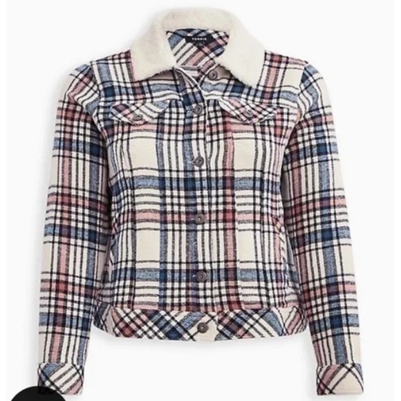 Torrid size 00x 10 M/L Trucker Jacket - Sherpa Trim Plaid - Picture 2 of 8